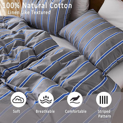 Merryword Blue and Gray Striped Duvet Cover Set King Size 100% Cotton Bedding Set with Modern Coastal Style Soft Breathable Linen Like Bedding Set 3 Pieces