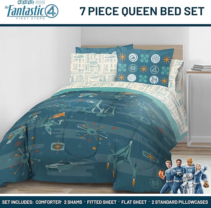 Jay Franco Comforter Set Includes Sheets and Pillow Covers - Soft and Cozy Bed Set for Stylish Room Decor, Blue - The Fantastic Four, 7 Piece Queen Size Bedding