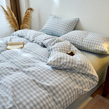 EAVD Vintage Style Blue&White Plaid Gingham Duvet Cover King Soft 100% Washed Cotton Chic Grid Checkered Bedding Set with 2 Pillowcases Farmhouse Blue Plaid Duvet Cover with Zipper Closure
