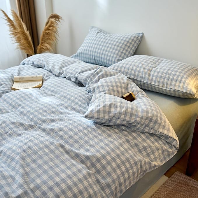 EAVD Vintage Style Blue&White Plaid Gingham Duvet Cover Queen Soft 100% Washed Cotton Chic Grid Checkered Bedding Set with 2 Pillowcases Farmhouse Blue Plaid Duvet Cover with Zipper Closure