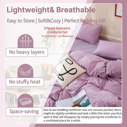 EAVD Purple Gingham Comforter Set Queen Soft Mini Checkered Plaid Bedding Set with 2 Pillowcases Modern Reversible Gingham Bedding Set for Boy Women Men Farmhouse Plaid Comforter Set for All-Season