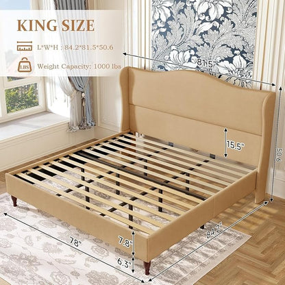 koorlian King Upholstered Bed Frame with 51'' Tall Headboard, Warm Brown | Reinforced Platform Bed, Easy Assembly, Soft Fabric, Sleigh Wingback, Solid Wood Retro Legs, Noise-Free, Classic & Simple