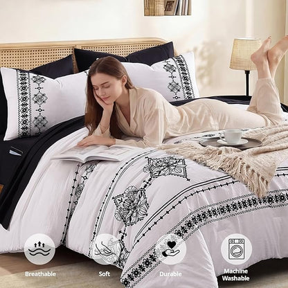 MaiRêve King Size Comforter Set Frost White, Embroidery Floral Western Boho Bedding Set, All Season 7 Pieces Bed in a Bag with Sheets, Pillowcases & Shams