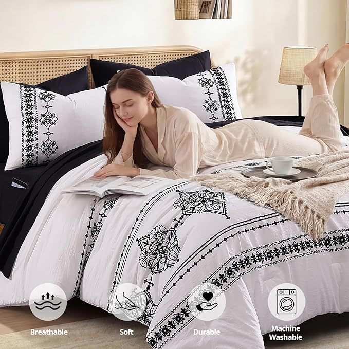 MaiRêve Queen Size Comforter Set Frost White, Embroidery Floral Western Boho Bedding Set, All Season 7 Pieces Bed in a Bag with Sheets, Pillowcases & Shams