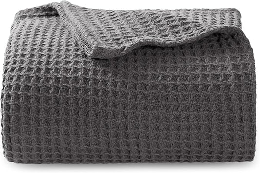 Bedsure Gentlesoft 100% Cotton Blanket Twin XL Size for College Dorm - Cooling Breathable and Soft for Spring Summer, Waffle Weave Twin Blanket for Bed, Dorm Room Essentials, Dark Grey, 66x90 inches