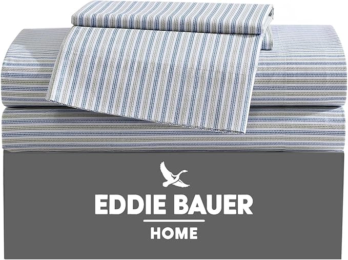 Eddie Bauer - Queen Sheets, Cotton Percale Bedding Set, Crisp & Cool Home Decor (Ticking Stripe Navy/Green, Queen)