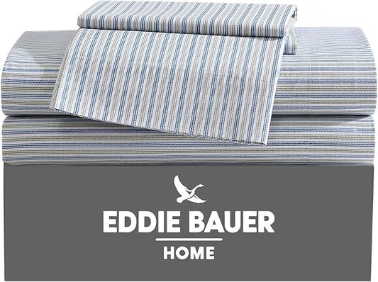 Eddie Bauer - Queen Sheets, Cotton Percale Bedding Set, Crisp & Cool Home Decor (Ticking Stripe Navy/Green, Queen)