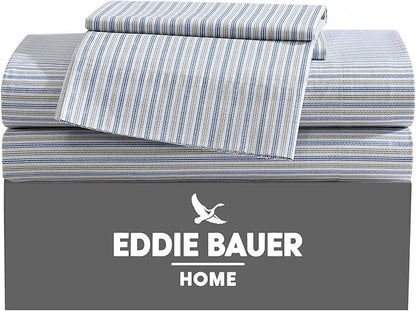 Eddie Bauer - King Sheets, Cotton Percale Bedding Set, Crisp & Cool Home Decor (Ticking Stripe Navy/Green, King)