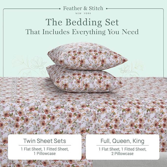 Feather & Stitch Softest 100% Cotton Sheets, 300 Thread Count Percale Weave Bedding, 16" Deep Pocket, Cooling Sheets, Breathable Bed Set, Hotel Premium Quality (King, Florence)