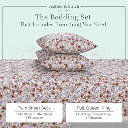 Feather & Stitch Softest 100% Cotton Sheets, 300 Thread Count Percale Weave Bedding, 16" Deep Pocket, Cooling Sheets, Breathable Bed Set, Hotel Premium Quality (Twin, Florence)