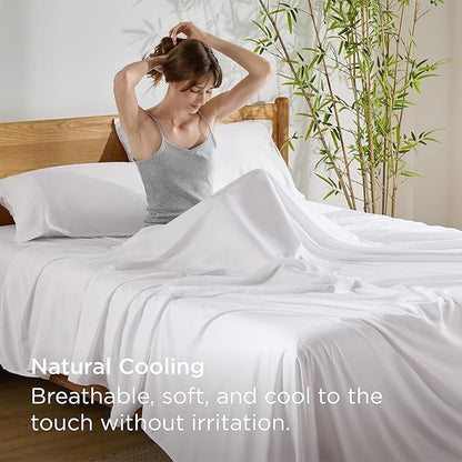 Bedsure Full Size Bed Sheets, Cooling Sheets, Rayon Derived from Bamboo, Deep Pocket Up to 16", PureWoven, Breathable & Soft, Hotel Luxury Silky Bedding for Hot Sleepers, White