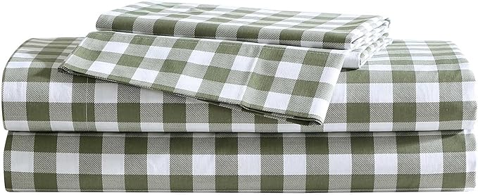 Eddie Bauer - Full Sheet Set, Crisp & Cooling Sheets w/a Naturally Smooth Cotton Percale Lightweight Feel - Matching Pillowcases & Deep Pocket Fitted Sheet (Preston Check Green)