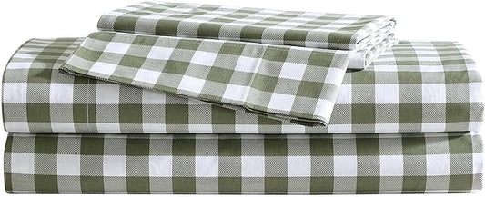Eddie Bauer - Full Sheet Set, Crisp & Cooling Sheets w/a Naturally Smooth Cotton Percale Lightweight Feel - Matching Pillowcases & Deep Pocket Fitted Sheet (Preston Check Green)
