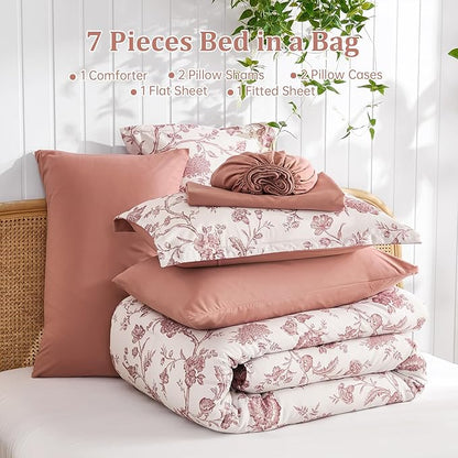 Luxudecor Floral Comforter Set King Size 7 Pieces, Blush Pink Flower with Bird Bed in a Bag, Soft Reversible Comforter with Sheet Bed Set 104"x90"