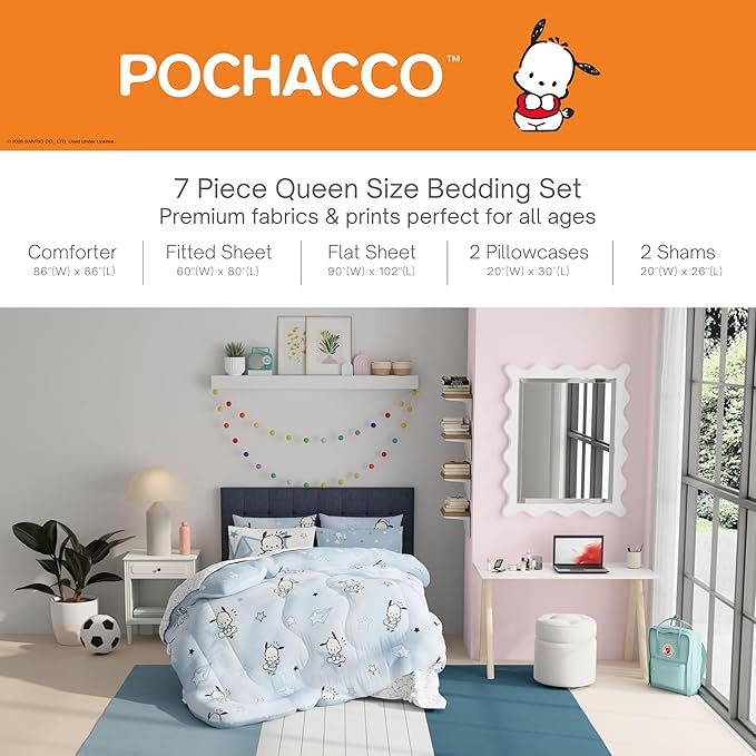 Sanrio Pochacco Bedding 7 Piece Super Soft Cozy Reversible Comforter and Sheet Set with Sham, Queen, (100% Official Licensed Product) By Franco