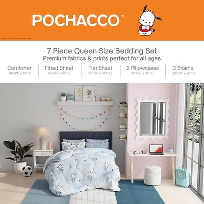 Sanrio Pochacco Bedding 7 Piece Super Soft Cozy Reversible Comforter and Sheet Set with Sham, Queen, (100% Official Licensed Product) By Franco