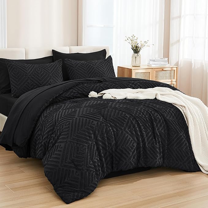 Andency Oversized King Size Comforter Set 7 Pieces Black - Bed in a Bag Oversized King Boho Lightweight Fluffy Tufted Bedding Sets with Comforter, Sheets, Pillowcases & Shams
