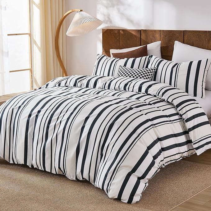 Merryword Black and White Striped Duvet Cover Set King Size - 100% Cotton Duvet Cover Set with Vertical Stripe Design, Soft Breathable Comforter Cover for All Seasons