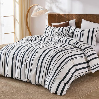 Merryword Black and White Striped Duvet Cover Set King Size - 100% Cotton Duvet Cover Set with Vertical Stripe Design, Soft Breathable Comforter Cover for All Seasons