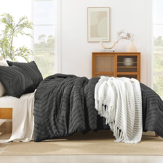 Litanika Comforter Super King Size Set Dark Grey, 3 Pieces Chevron Tufted Solid Bedding Comforter Sets, Fluffy Bed Set