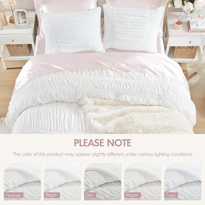 Intelligent Design Queen Comforter Set Ruched Shabby Chic Comforters for Queen Size Bed, All Season Lightweight Comforter Queen French Country Bedding Set, Shams, Ella, Full/Queen, White, 3 Piece