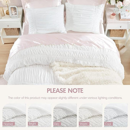 Intelligent Design Queen Comforter Set Ruched Shabby Chic Comforters for Queen Size Bed, All Season Lightweight Comforter Queen French Country Bedding Set, Shams, Ella, Full/Queen, White, 3 Piece