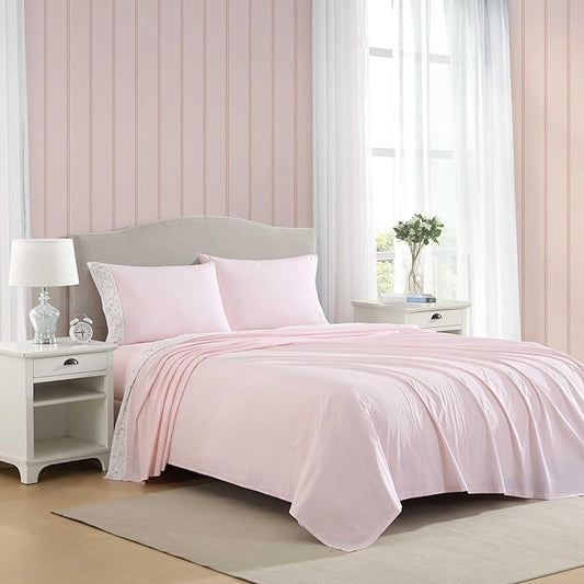 Laura Ashley - Full Sheet Set, Crisp & Cool Cotton Percale Bedding with Deep Pockets, Lightweight for Year Round Comfort, Bed Sheets with Matching Pillowcases (Victorian Scroll Pink)