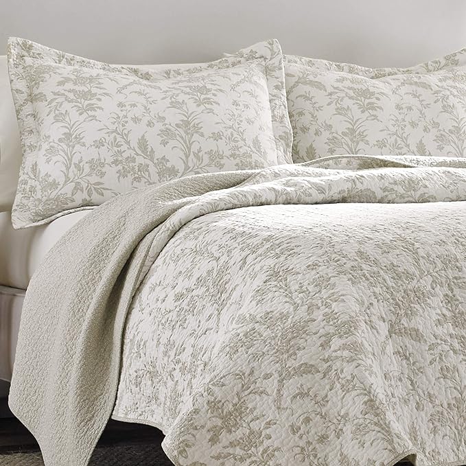 Laura Ashley - Twin Quilt Set, Soft Cotton Bedding with Reversible Design, Medium Weight for Year Round Use, 2 Piece Bed Set with Matching Pillowcase (Amberley Beige)