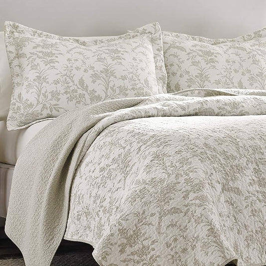 Laura Ashley - Twin Quilt Set, Soft Cotton Bedding with Reversible Design, Medium Weight for Year Round Use, 2 Piece Bed Set with Matching Pillowcase (Amberley Beige)