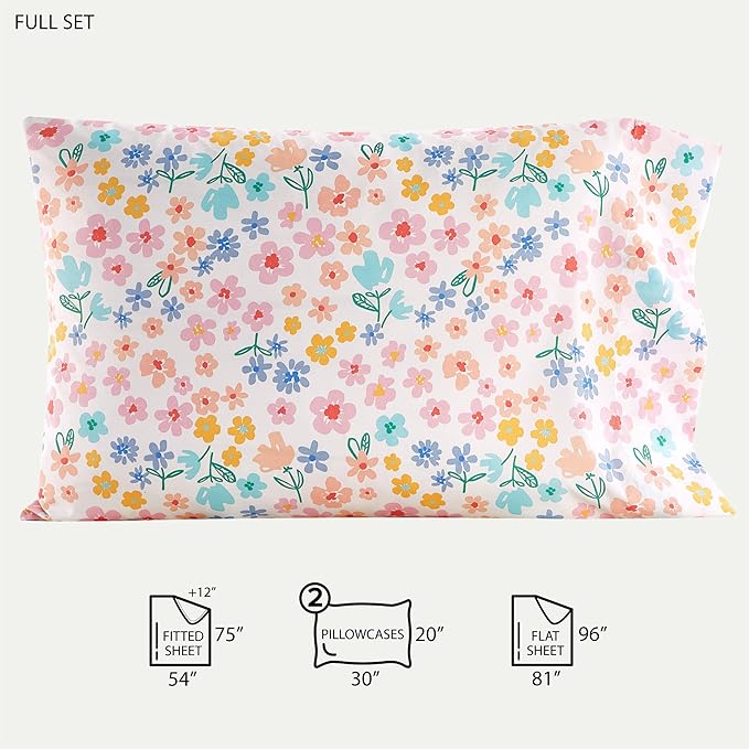 Heritage Kids 4-Piece Full Sheet Set – Multi-Color Ditsy Floral Design, Includes Top Sheet, Fitted Sheet & 2 Pillowcases, Soft Microfiber Bedding for Girls’ Bedroom or Guest Room