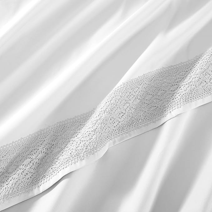 Modern Threads 4 Piece Microfiber Sheet Set – Soft Cooling Bed Sheets with Crochet Lace – Deep Pocket, Wrinkle Free, Breathable, Hotel Luxury Bedding, White, Queen