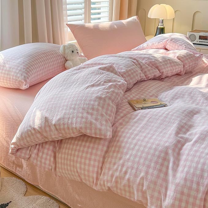 VM VOUGEMARKET Pink Gingham Comforter Set Full Pink White Plaid Checked Bedding Comforter with 2 Pillowcases Washed Cotton Modern Cozy Lightweight for Studengts Girls