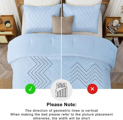 Andency Light Blue Comforter Set Queen Size, Boho Soft Warm Tufted Bedding Comforter Sets for Queen Size Bed, 3 Pieces Aesthetic Chevron Farmhouse Cute Bohemian Textured Bed Set