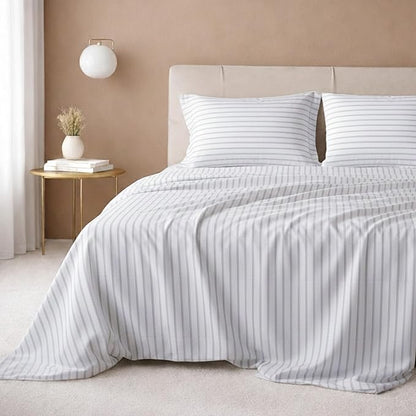 CALIFORNIA DESIGN DEN 5-Star Hotel 600 Thread Count 100% Cotton, Soft & Smooth Queen Sheet Set with Deep Pockets, Quality Beats Egyptian Cotton Claims (Ticking Stripe Grey)