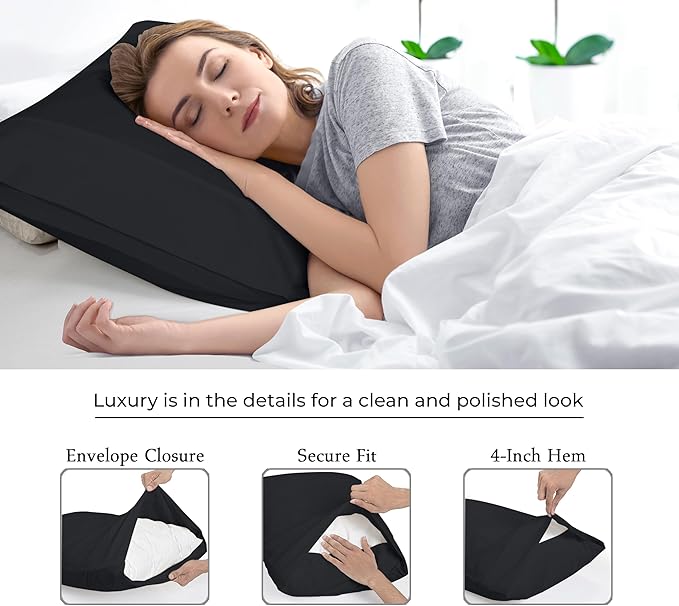 Royale Linens King Pillowcase Set of 2 - Bed Pillow Cover - 20" x 40" -Black Pillowcases - 1800 Brushed Microfiber, Wrinkle & Fade Resistant - Soft & Cozy- King Size Pillow Case (Black)