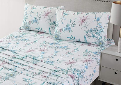 JSD White Blue Floral Printed Sheet Set King Size, 4 Piece Botanical Microfiber Sheets Extra Deep Pocket
