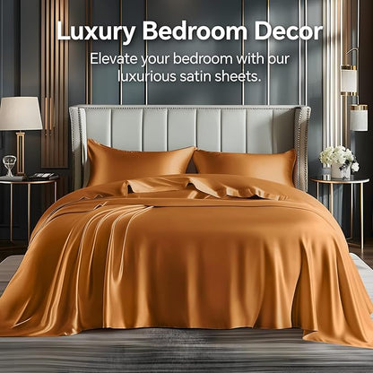 BEDELITE King Size Sheets Set, Luxury Soft Burnt Orange Satin Sheets for Hair and Skin, Similar to Silk Bed Sheets Set 4 Pieces with 1 Deep Pocket Fitted Sheet, 1 Flat Sheet, and 2 Pillowcases