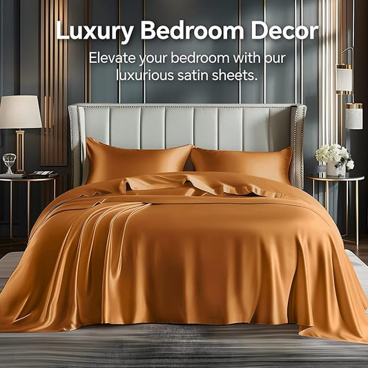 BEDELITE Satin Sheets Twin Size Bed Set, Luxury Soft Burnt Orange Silky Sheets for Hair and Skin, Similar to Silk Bed Sheet Set 3 Pieces with 1 Deep Pocket Fitted Sheet, 1 Flat Sheet, and 1 Pillowcase