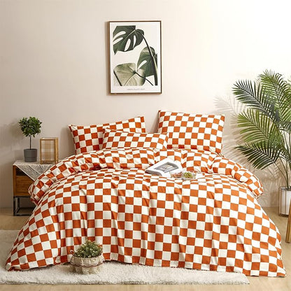 CLOTHKNOW Orange Beige Plaid Twin Comforter Set Grid Bedding Comforter Sets Soft All Checker Comforter with 2 x Pillow Cases