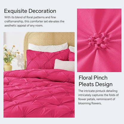 BEDELITE Hot Pink Queen Comforter Set - 3 Pieces Boho Pintuck Bedding Comforter Sets, Lightweight Soft & Warm Bed Comforter Queen with 2 Pillowcases for All Season