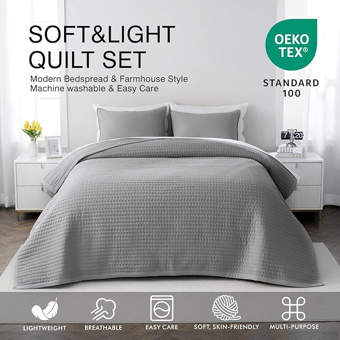Twin Quilt Set – 68"x86" Soft Washed 3-Layer Lightweight Bedspread with Multi-Lock Quilting, Minimalist Nordic Bedding, All-Season Quilt for Spring, Summer & Fall (1 Quilt + 2 Pillow Shams), Grey
