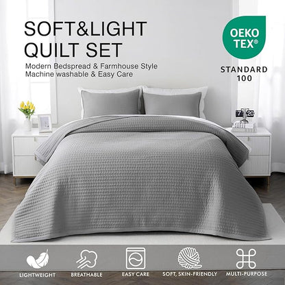 Queen Quilt Set – 90"x90" Soft Washed 3-Layer Lightweight Bedspread with Multi-Lock Quilting, Minimalist Nordic Bedding, All-Season Quilt for Spring, Summer & Fall (1 Quilt + 2 Pillow Shams), Grey