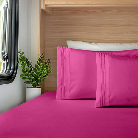 Elegant Comfort Luxurious 1500 Premium Hotel Quality Microfiber Three Line Embroidered Softest 4-Piece Bed Sheet Set, Wrinkle and Fade Resistant, RV Short Queen, Pink