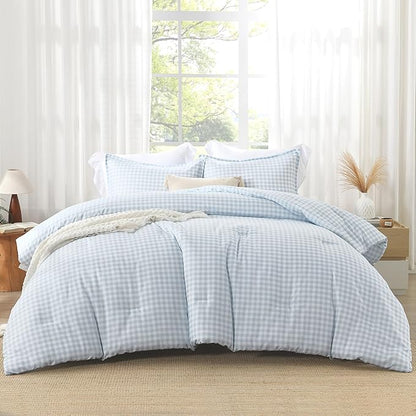 Andency Light Blue Gingham Comforter Set Twin(66x90Inch), Checkered Grid Plaid Buffalo Bed Set for Girls Boys Kids Teens, 2 Pieces Lightweight Polyester Geometric Preppy Bedding