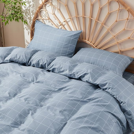 JELLYMONI 100% Natural Cotton 3pcs Plaid Duvet Cover Sets, Checkered Full Comforter Cover, 1 Duvet Cover and 2 Pillow Cases with Zipper Closure & Corner Ties, Grayish Blue