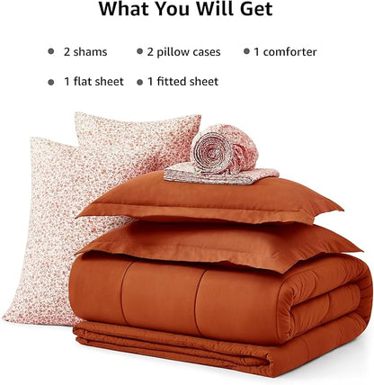 Monbix Full Comforter Set - 7 Pieces Burnt Orange Bed in a Bag Full Size Track Stitching Bedding Sets, All Seasons Comforter with Sheets, Pillowcases & Shams