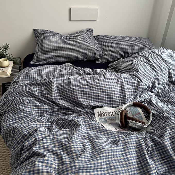 EAVD Vintage Blue Plaid Gingham Duvet Cover Full Soft 100% Washed Cotton Reversible Grid Plaid Checkered Gingham Bedding Set with 2 Pillowcases Farmhouse Blue Plaid Duvet Cover with Zipper