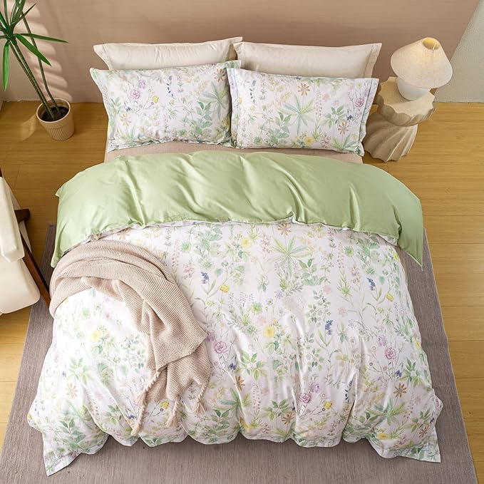 OAITE Duvet Cover Set Queen Size Floral Pattern Ultra Soft 100% Cotton Duvet Cover Sets 3-PC, Breathable Duvet Cover with Zipper Closure & Corner Ties(2 Pillow Shams,1 Duvet Cover)