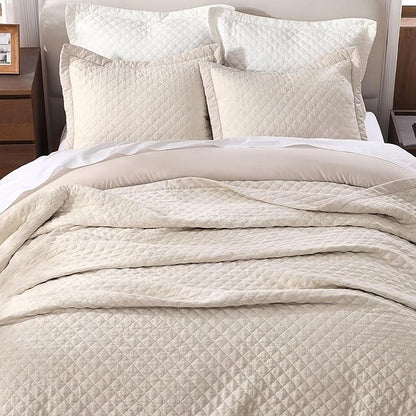 Grassix Linen Quilt Set King Size 3-Piece, 100% Linen Front & Cotton Back, Prewashed Diamond Stitch Bedspread with 2 Shams, Lightweight Breathable Quilt for Hot Sleepers, Modern Farmhouse Bedding