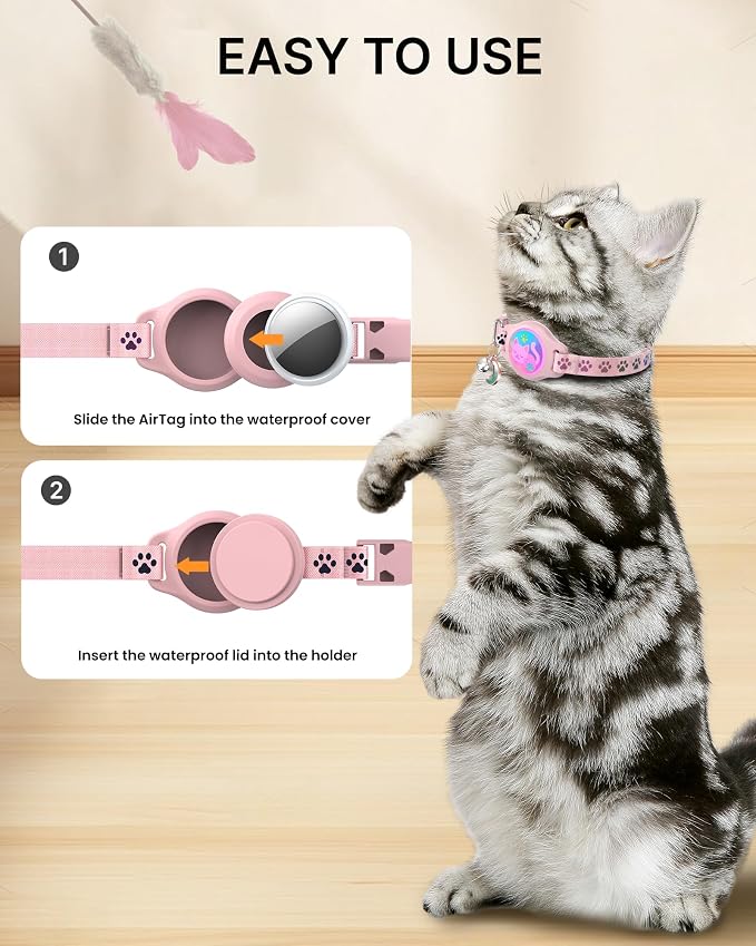Airtag Cat Collar Breakaway, 2 Pack Cat Collar with Apple Airtag Holder | Reflective Waterproof Cat Collar with Bell, Easy Tracker with Airtag Collar, Adjustable 8-12In Lightweight & Comfortable